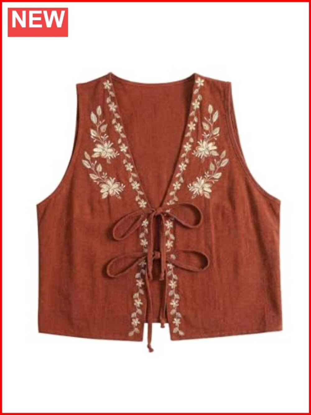 Women's Boho Floral Embroidery Tank Top Tie Front Sleeveless V-Neck